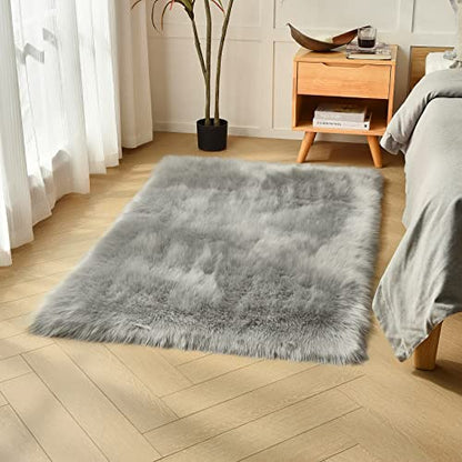 duduta Grey Faux Sheepskin Fur Rug 3x5 ft, Fluffy Carpet Rug - color: Grey, size: 3' x 5'