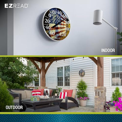 EZREAD Hanging Dial Thermometer 840-1232 Weather Thermometers for Indoor and Outdoor Use, Large 12.5 Inch Diameter, Easy to Read Numbers, American Flag on Barn - color: USA Barn