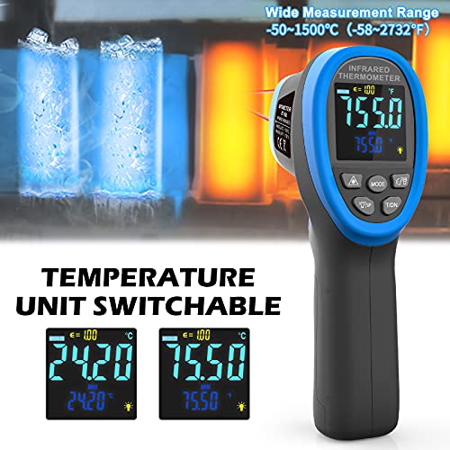 BTMETER BT-1500C Pyrometer Non Contact Laser Infrared Thermometer Measures -58℉ to 2732℉ (-50℃ ~ 1500℃) High Temp, IR Temperature Gauge with Color LCD (NOT for Human Temp) - color: BT-1500C Blue