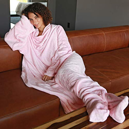 Catalonia Wearable Blanket with Sleeves & Foot Pocket for Adults - color: Pink, size: Fleece