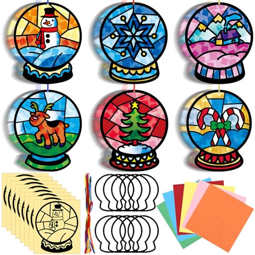 AmazingSpark 30 Pcs Rainforest Suncatchers Craft Snow Globe DIY Kits | Stained Glass Tissue Paper Effect, Snowman Reindeer Tree, Bulk Kids Classroom VBS Activities Party Favor Decorations - style: Snow Globe