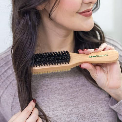 GranNaturals Double Sided Boar Bristle Hair Brush - Soft Hard Finishing & Smoothing Hairbrush for Slick Back to Style, Polish, & Lay Down Hair Flat to Create a Sleek Hairstyle for Bun, Slickback