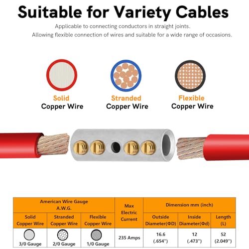 00 Gauge Wire Butt Connectors 4 PCS Tinned Brass Mechanical Butt Splice Connectors Kit 2/0 AWG Mechanical Repair Splice Kit Splice Screw Sleeves 4 PCS Mechanical Splices & 3:1 Heat Shrink Tubes - size: 00 (2/0) Gauge, style: Mechanical Splice - Tinned Bra