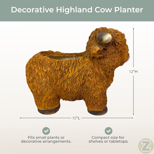 Zeckos Highland Cow Animal Planter, 15 Inch Long Light Brown Textured Fur | Painted Magnesium Oxide, Freestanding Farmhouse Accent, Drain Hole, 6.5 X 5.25 Inch Opening, 10 Inch Deep - color: Cow - Light Brown