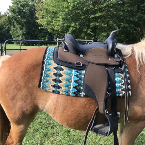 Tahoe Tack Reya Western Show Saddle Blanket – Handwoven 100% New Zealand Wool, Oversized 34" x 38", Heavyweight 5+ lbs, Vibrant Design, Ideal for Layering at Shows, Parades & Rodeos - color: Turquoise/Black/Blue/Silver/White