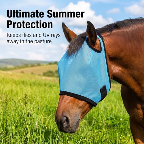 Horse Fly Mask Without Ears, UV Protection Fly Mask for Horses, Breathable Fine Mesh Horse Face Mask for Mosquito & Insect Protection, Adjustable Equine Fly Mask for Summer Riding & Barn Use, Blue