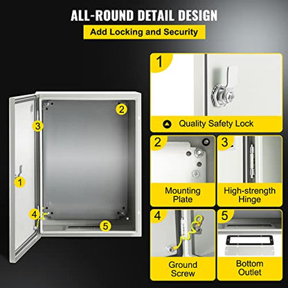 VEVOR Electrical Enclosure Box, 16'' ×12'' ×6'', Carbon Steel Hinged Junction Box, IP66 Waterproof & Dustproof, Outdoor Electrical Box, with Mounting Plate - size: 16 x 12 x 6