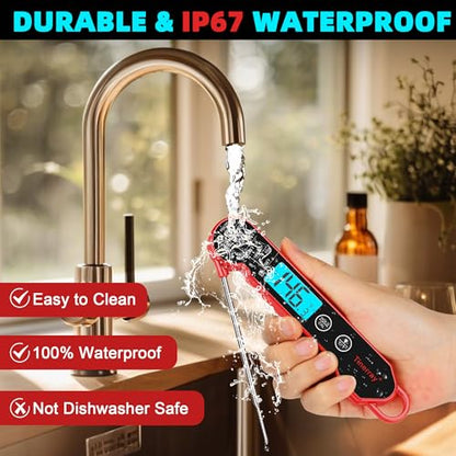 Professional Digital Meat Thermometer Instant Read Waterproof – Folding Probe Food Thermometer with Backlight & Calibration, Fast Read for BBQ, Grill, Deep Fry, Cooking, Liquids, Gift for Chef - color: Red