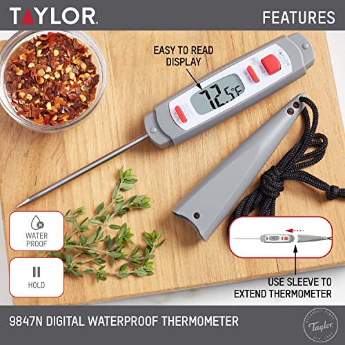 Taylor 9847 Waterproof Digital Instant Read Meat Food Grill BBQ Kitchen Cooking Thermometer, Comes with Sleeve Extender and Lanyard - color: Gray