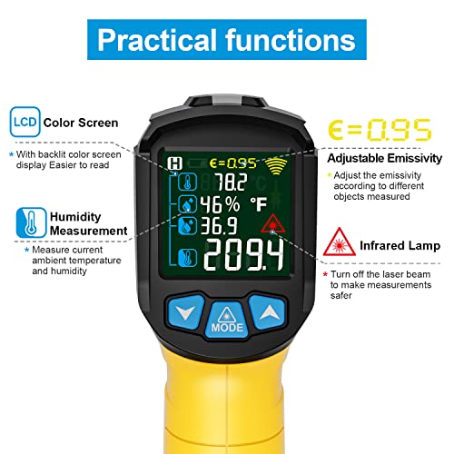 Infrared Thermometer Temperature Gun, -58°F to 1472°F, Digital Laser Thermometer Gun with Probe for Cooking, Pizza Oven, Grill & Engine, IR Thermometer Temp Gun with Adjustable Emissivity & Humidity - color: Yellow -58°F - 1472°F(-50-800℃)