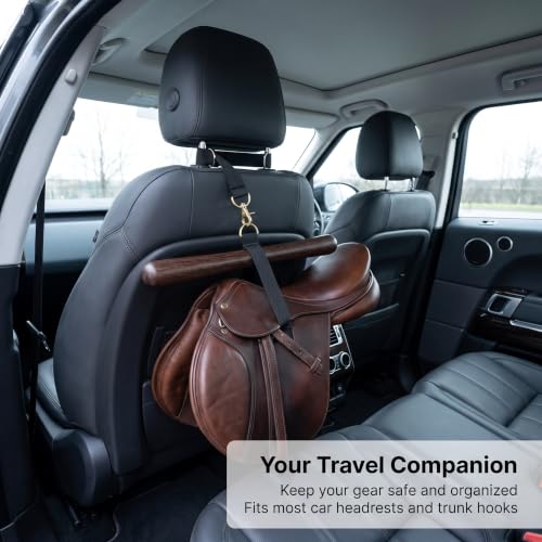 Saddle T Hanger, Portable Saddle Rack for Car and Trailer | Portable saddle t hanger with wooden support, 100 cm strap, clip for trailer, car headrest, tack room, and gear storage