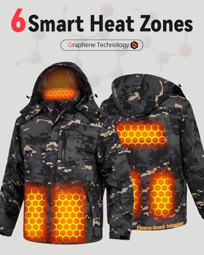 Wulcea Graphene Heated Jacket for Men Fur Lined with Large Capacity Battery Pack - color: Camo Black Fur Lined, size: Large