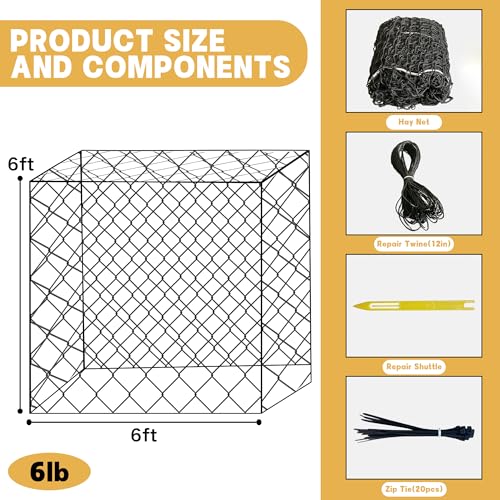 6×6FT Large Square Knotless Hay Net, Thickened Durable Slow Feed Feeder for Horses, Cattle & Sheep, 2 Inch Mesh, Fits 4×4–6×6FT Round Hay Bales & 3×3×8–4×4×8FT Square Hay Bales