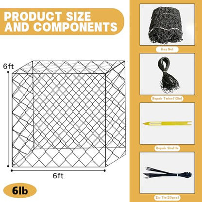 6×6FT Large Square Knotless Hay Net, Thickened Durable Slow Feed Feeder for Horses, Cattle & Sheep, 2 Inch Mesh, Fits 4×4–6×6FT Round Hay Bales & 3×3×8–4×4×8FT Square Hay Bales