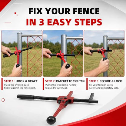 Chain Link Fence Stretcher Tool, Ratcheting Wire Tightener & Puller | Easy solo repair for sagging fences in farm, ranch, and yard projects