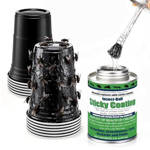 Sticky Coating Insect Trap, 8 Oz with Brush,Biting Fly Trap Kit | 12 Blue Plastic Cups, DIY Adhesive for Deer Flies Thrips Aphids, Reusable Barrier for Gardens Greenhouses Orchards - color: Black Cup