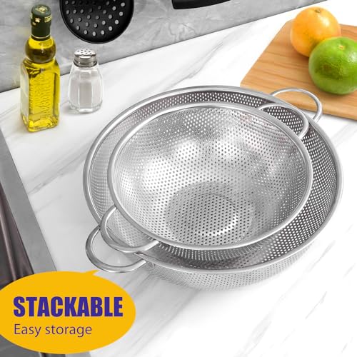 E-far 3QT & 5QT Colander Set of 2, Stainless Steel Micro-Perforated Colander Strainer with Handle for Kitchen/Draining Pasta/Rinsing Vegetables Fruits, Heavy Duty Metal & Dishwasher Safe - size: 3 + 5 QT