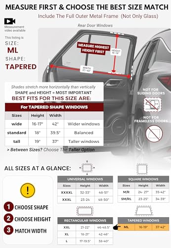 ML/Car Window Sun Shades, 2-Pack/8 Sizes, for SUVs. Stretch-to-Fit H:18" x W:42" Rear Windows. Heat-Blocking Mesh Screens to Protect Back Seat from Sun, UV & Bugs, Cooler Travel for Kids. |Qualizzi® - size: ML - Tapered