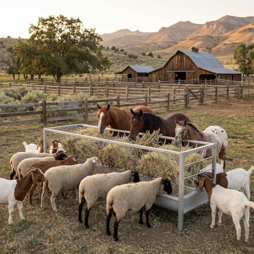 99 Gallon Galvanized Goat Feeder, Weather Resistant Goat Feeder with Hay and Grain Feeder，Ground Livestock Feeder for Goats Sheep Calves