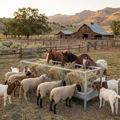 99 Gallon Galvanized Goat Feeder, Weather Resistant Goat Feeder with Hay and Grain Feeder，Ground Livestock Feeder for Goats Sheep Calves