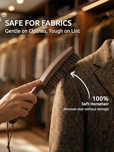 TAKAVU Horsehair Clothes Brush for Suits, Large Walnut Wood Handle | Lint Brush for Coats, Cashmere, Wool, Velvet & Suede Upholstery, Hats & Jackets, Natural Bristle Garment Care - color: Walnut