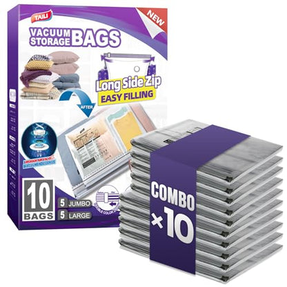 TAILI 10 Pack Vacuum Storage Bags, 2 Size Combo(5 Large+5 Jumbo), Clear - size: 10 Combo