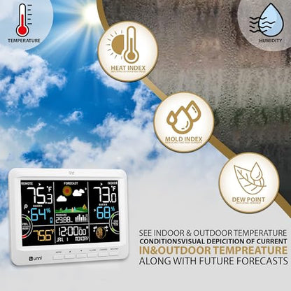 Weather Station Indoor Outdoor Thermometer Wireless Atomic Clock White | Home Atomic Clock Large Constant Display, Inside Outside Temperature Humidity Monitor, Dew Heat Point, Barometer - color: White