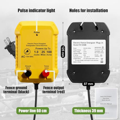 Electric Fence Kit, 25 Mile 110 VAC 1 J Fence Charger, 656 ft Polywire - size: 656FT, style: 1J