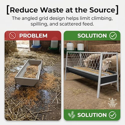 Livestock Trough, 2 in 1 Pasture Hay Dispenser 55 Gallon Livestock Trough with 22 Gallon Feeding Pan, Stainless Steel Goat Hay Holder for Goats Sheep Calves and Horses