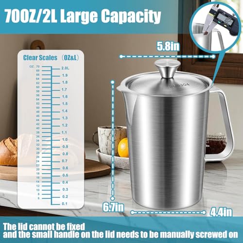 Stainless Steel Pitcher with Lid & Handle, 70 oz/2000+ ml