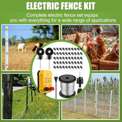 Electric Fence Charger Kit 0.25J 5 Mile 50 Insulators 250ft Wire | 110VAC Plug in for Poultry Pets, Socket Tool, Aluminum Conductor, Screw Mount, Garden Pond Orchard Protection - style: 0.25 Joule