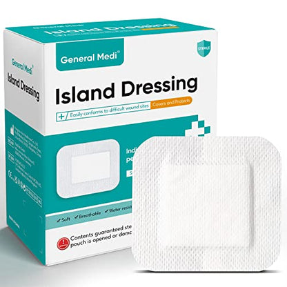 General Medi Sterile Island Dressing Bordered Gauze – 50 Count, 4" x 4" Gauze Pads, Wound Care Pad with Adhesive Border - Sterile, Soft & Highly Absorbent Medical Grade Dressing Pad - size: 4" x 4"(50 Count)