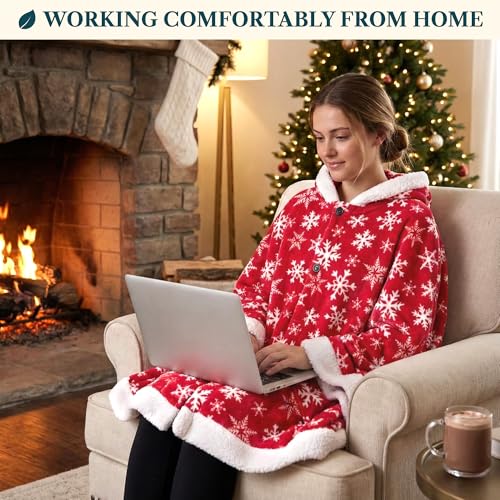 PAVILIA Hooded Blanket Poncho, Fleece Wearable Shawl Wrap, Snowflake Red | Fleece Shawl Wrap with Hood, Adult Wearable Blanket, Cozy Warm Poncho Cape Throw with Pockets, Gift for Elderly Mom - color: Snowflake Red
