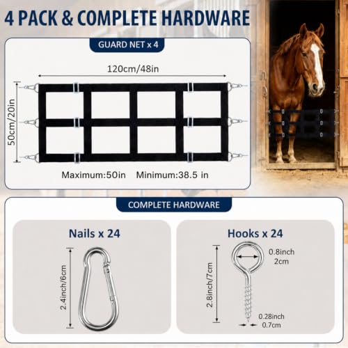 Zonon 4 Pack 48" x 20" Horse Stall Guard Gate for Horses, Heavy Duty Polyester Stall Door Guard with Adjustable Straps, Hooks and Screws, Black Stable Gate Barrier for Barns, Stables, Breeding Farms