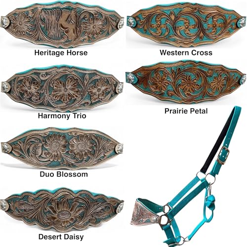 Majestic Ally Western Horse Bronc Halter, Turquoise Padded Leather Noseband, Antique Finish, Tooled Floral Design, Adjustable Nylon - style: Prairie Petal