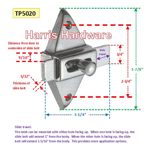 Harris Hardware TP5020-B Slide Latch 2-3/4" Center to Center Die Cast,Chrome