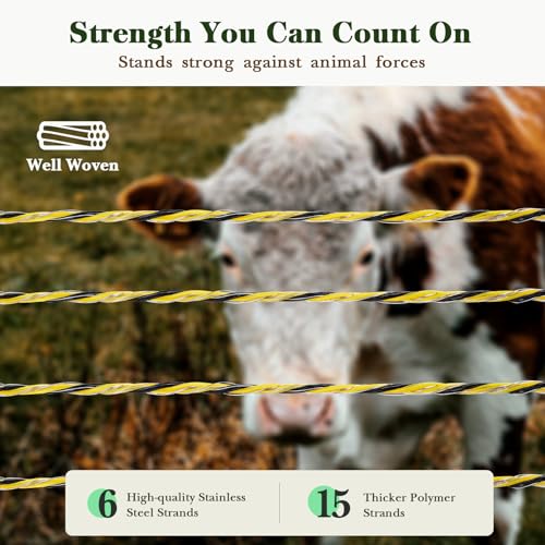 Electric Fence Wire, 700ft 213m, Polywire for Portable Livestock Fencing, 6 Stainless Steel Strands for Reliable Conductivity and Rust Resistance, UV Resistant - size: 700 Feet/213 Meters