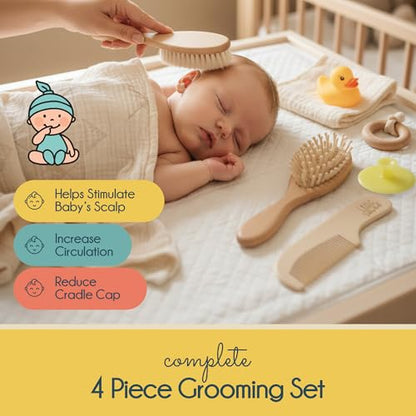 Little Tinkers World Wooden Baby Hair Brush and Comb Set, 4-Piece | Natural Wooden Set with Soft Goat Hair Bristle Brush, Beech Wood Massage Brush, Maple Wood Comb & Soft Silicone Scalp Brush