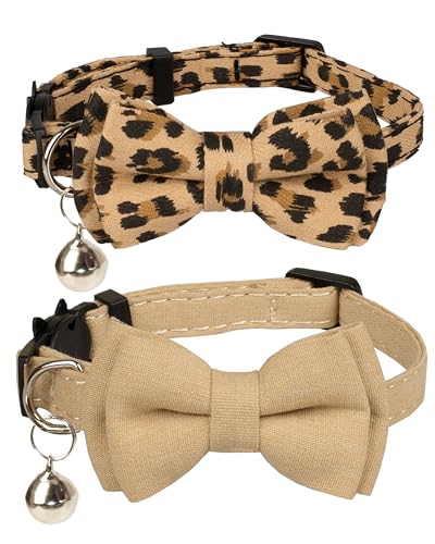 Collar for Cat Pet Breakaway with Bell Bowtie Detachable Bow Adjustable Safety Kitten Puppy Girl Boy 2pcs Beige Leopard & Pure - color: Leopard & Pure-Beige