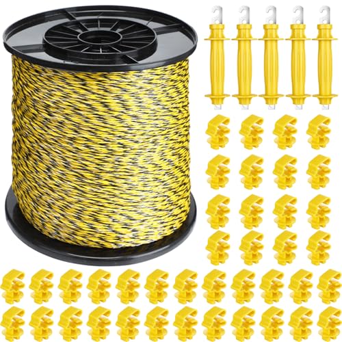 SATINIOR 46 Pcs Electric Fence Kit Included 3366ft/ 1026m Electric Fence Polywire, 40 T Post Insulators Socket, 5 Yellow Rubber Gate Handle Insulators for Fencing Horse, Cattle, Predator Protection