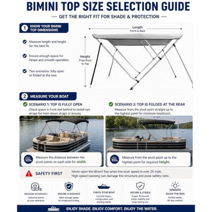 MSC 3 Bow 4 Bow Bimini Top Boat Cover,Waterproof Solution Dyed Polyester Made,2 Support Poles& 4 Adjustable Straps Included - color: Grey