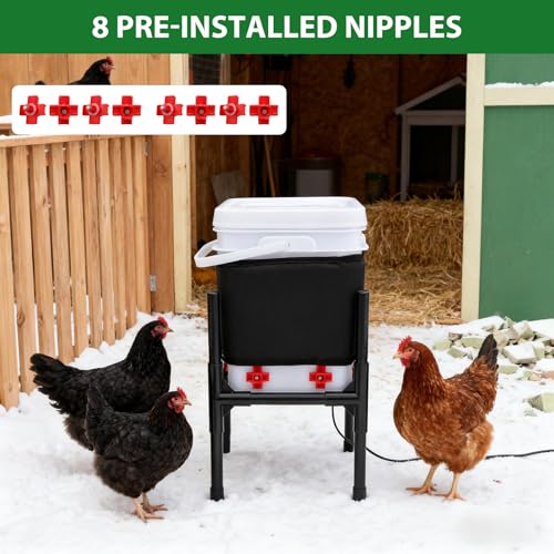 Heated Chicken Waterer,3 Gallon Chicken Poultry Water Heater with Stand for Winter with 8 Nipples + 4 Extras (black, 3 Gallon)