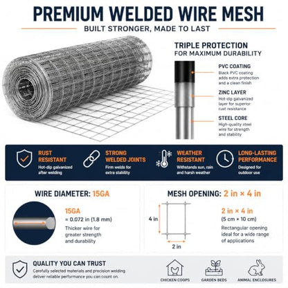 Welded Wire Mesh Fence 5ft x 50ft 2"x4" 15 Gauge Galvanized Wire Fence Roll | Heavy Duty Galvanized Wire fencing Roll for Garden Dog Pen Chicken Coop Livestock & Backyard Fencing Resistant Utility Fence - size: 2×4in 5'×50'
