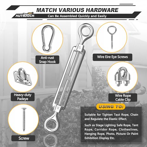 AUTMATCH M6 Eye & Eye Turnbuckle - 304 Stainless Steel Wire Rope Tensioner | Adjustable Turnbuckle for Cable Railing, Fence & Shade Sail Hardware, Wire Rope Tension Kit, 6-Pack, Silver - color: Silver Tone - Eye & Eye, size: M6