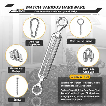 AUTMATCH M6 Eye & Eye Turnbuckle - 304 Stainless Steel Wire Rope Tensioner | Adjustable Turnbuckle for Cable Railing, Fence & Shade Sail Hardware, Wire Rope Tension Kit, 6-Pack, Silver - color: Silver Tone - Eye & Eye, size: M6