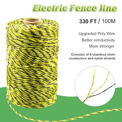 330 Feet Electric Fence Polywire & 30 Pcs Electric Fence Insulator, 1/8" Diameter Portable Electric Fencing Poly Wire Rope Line 6 Steel Strands for Reliable Conductivity & Rust Resistance - size: 330 Ft + 30 Pcs Insulators