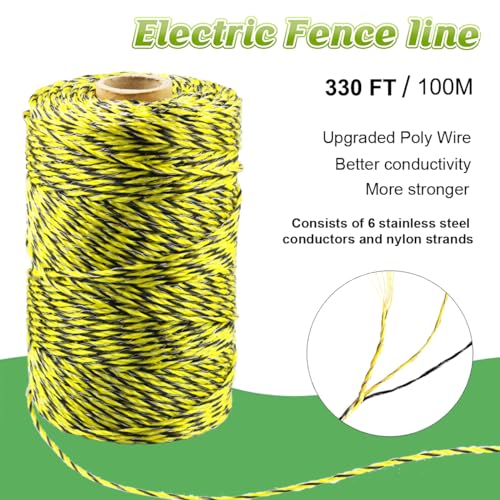 330 Feet Electric Fence Polywire & 30 Pcs Electric Fence Insulator, 1/8" Diameter Portable Electric Fencing Poly Wire Rope Line 6 Steel Strands for Reliable Conductivity & Rust Resistance - size: 330 Ft + 30 Pcs Insulators