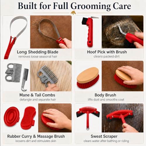 Horse Grooming Kit, 15-Piece Horse Brush Set with Red Tote Bag, Long Shedding Blade, Hoof Pick, Curry Comb, Sweat Scraper, Mane and Tail Comb, Gloves, Equine Grooming Supplies - color: Red