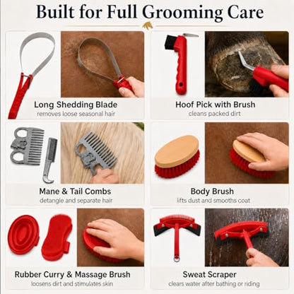 Horse Grooming Kit, 15-Piece Horse Brush Set with Red Tote Bag, Long Shedding Blade, Hoof Pick, Curry Comb, Sweat Scraper, Mane and Tail Comb, Gloves, Equine Grooming Supplies - color: Red