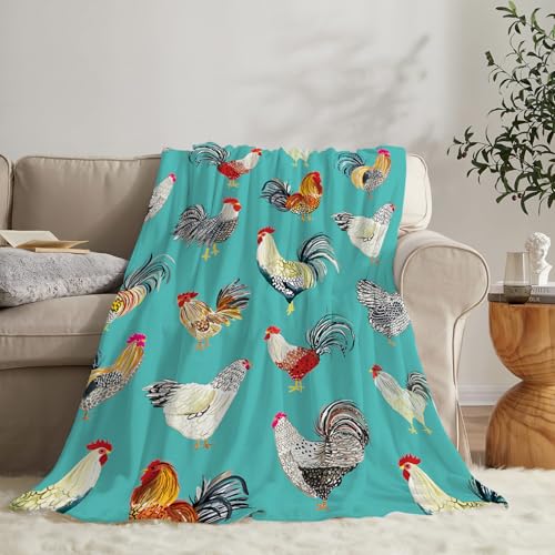 Farmhouse Chicken Blanket Ultra Soft Cozy Farm Rooster Throw Blanket Fleece Fuzzy Plush Bedding Country Chicken Gifts for Women Girls Kids Adults 50"x40" - color: Chicken Teal, size: 50"x40"
